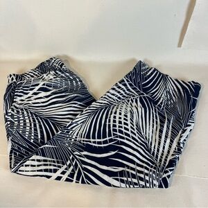 Panama Jack Navy and White Leaf Patterned Linen Blend Capri Wide Leg Pants Large